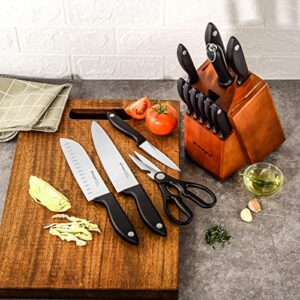 Knife Set 15-Piece Kitchen Knife Set with Sharpener Wooden Block and Serrated Steak Knives,Emojoy Germany High Carbon Stainless Steel Knife Block Set,Black