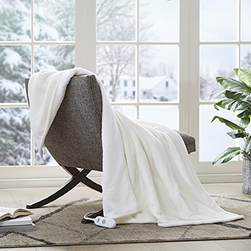 Serta Reversible Fleece to Sherpa Electric Blanket Fast Heating Soft Cover, Safety Auto Shut Off Timer, Low EMF, Multi Heat Setting, ETL Certified, Machine Washable, Ivory Throw (50"x 60")