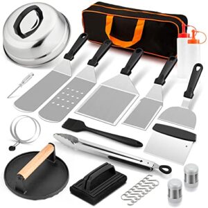 griddle accessories kit of 18, hasteel teppanyaki tools for flat top cooking grilling camping, stainless steel melting dome, metal spatulas, bacon press for outdoor bbq, heavy duty & dishwasher safe