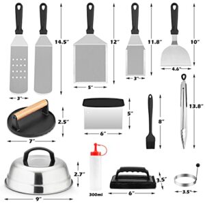 Griddle Accessories Kit of 18, HaSteeL Teppanyaki Tools for Flat Top Cooking Grilling Camping, Stainless Steel Melting Dome, Metal spatulas, Bacon Press for Outdoor BBQ, Heavy Duty & Dishwasher Safe