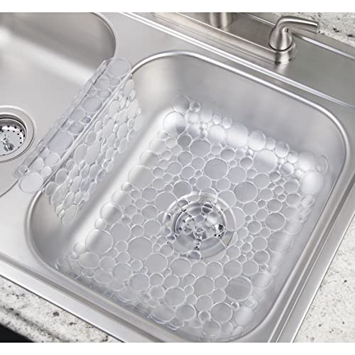 mDesign Decorative Kitchen Plastic Sink Protector Set, Quick Draining - Protect Surfaces and Dishes - Modern Bubble Design - Includes 1 Saddle, 2 Large Mats - Set of 3 - Clear