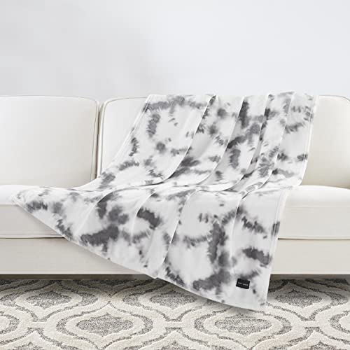 Lucky Brand Oversized Super Plush Microfiber Throw Blanket in Printed White/Gray Tie Dye, 50in x 70in