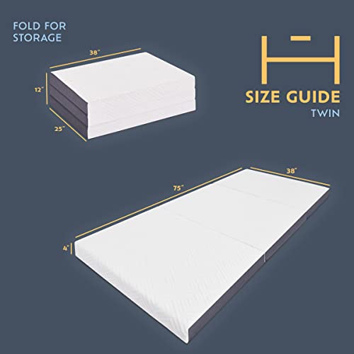 Heyward Premium 4” Memory Foam Trifold Mattress | Twin, Portable Space Saver, Medium-Firm, CertiPUR-US Certified | Washable Bamboo Jacquard Ventilated Material w/Non-Slip Base | 75”L x 38”W x 4”H