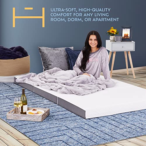 Heyward Premium 4” Memory Foam Trifold Mattress | Twin, Portable Space Saver, Medium-Firm, CertiPUR-US Certified | Washable Bamboo Jacquard Ventilated Material w/Non-Slip Base | 75”L x 38”W x 4”H