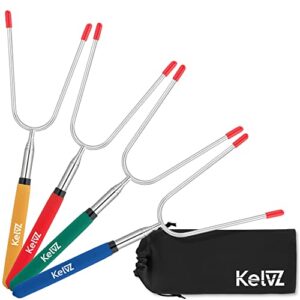 kelvz set of 4 telescoping marshmallow roasting sticks with bag & smore recipes ebook - 34" smores skewers for fire pit - city bonfire marshmellow sticks camping equipment - hot dog fork for campfire