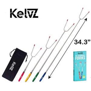 KelvZ Set of 4 Telescoping Marshmallow Roasting Sticks with Bag & Smore Recipes Ebook - 34" Smores Skewers for Fire Pit - City Bonfire Marshmellow Sticks Camping Equipment - Hot Dog Fork for Campfire