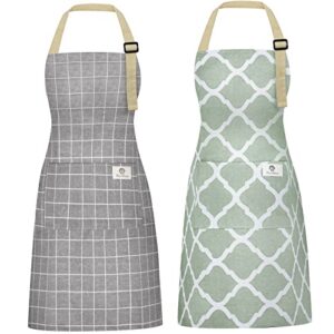 riqiaqia 2 pieces aprons for women with pockets, cotton linen waterproof kitchen cooking aprons, chef apronfor men women with adjustable neck strap and long ties(grey/green)