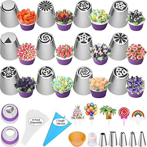 Russian Piping Tips 56 Pcs Cake Decorating Kit, 12 Flower Piping Tips, Leaf Icing Frosting Tips Nozzles Pastry Bags Baking Supplies Kit for Cupcake Cookies Birthday Party Baking Gifts