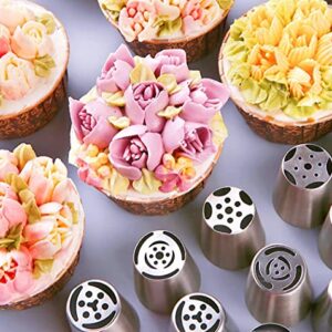 Russian Piping Tips 56 Pcs Cake Decorating Kit, 12 Flower Piping Tips, Leaf Icing Frosting Tips Nozzles Pastry Bags Baking Supplies Kit for Cupcake Cookies Birthday Party Baking Gifts