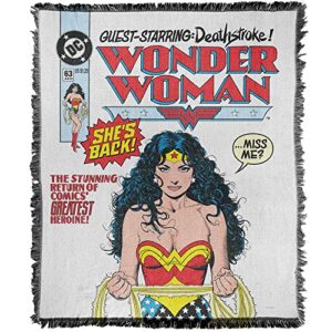 logovision wonder woman blanket, 50"x60" comic cover woven tapestry cotton blend fringed throw