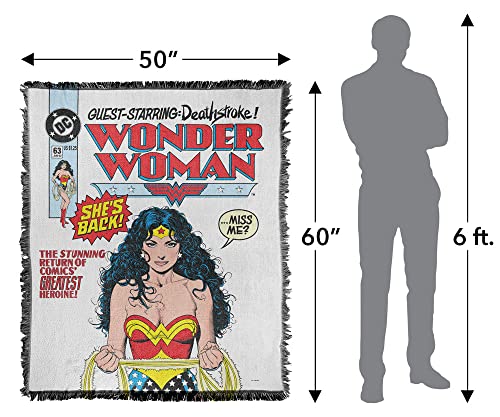 LOGOVISION Wonder Woman Blanket, 50"x60" Comic Cover Woven Tapestry Cotton Blend Fringed Throw