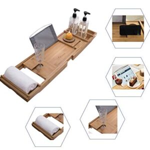 GEZITREND Luxury Bamboo Bathtub Caddy Tray Bathroom Furniture Expandable and Nonslip Bath Caddy with Book/Tablet and Wine Glass Holder Free Soap Holder Great Gift (White)