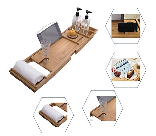 GEZITREND Luxury Bamboo Bathtub Caddy Tray Bathroom Furniture Expandable and Nonslip Bath Caddy with Book/Tablet and Wine Glass Holder Free Soap Holder Great Gift (White)