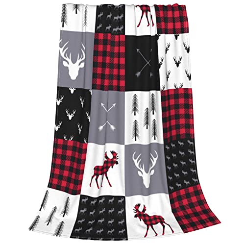 Buffalo Plaid Moose Throw Blanket Flannel Blanket for Bed Couch Sofa Throw Plush Fuzzy Soft Blanket for Kids Teen Adults