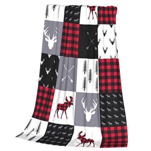 Buffalo Plaid Moose Throw Blanket Flannel Blanket for Bed Couch Sofa Throw Plush Fuzzy Soft Blanket for Kids Teen Adults