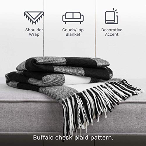 Buffalo Plaid Throw Blanket for Couch - Farmhouse Throw with Check Pattern - Soft Woven with Decorative Fringe - Lightweight for Bed, Sofa, Chair, Office, Outdoor - 50 x 60 in. (Black)