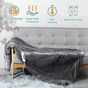 JIAMEIDING Electric Heated Blanket Throw, Super Soft Flannel 50" x 60" Heating Throw with 3 Fast Heating Levels & 4 Hours Auto Off, Machine Washable, ETL&FCC Certification, Home Office Use, Grey