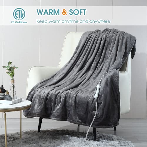 JIAMEIDING Electric Heated Blanket Throw, Super Soft Flannel 50" x 60" Heating Throw with 3 Fast Heating Levels & 4 Hours Auto Off, Machine Washable, ETL&FCC Certification, Home Office Use, Grey