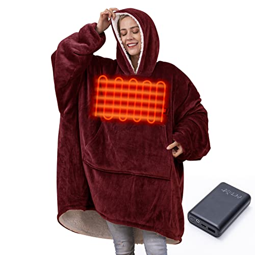 OCTROT Heated Wearable Blanket Hoodie for Adult with Battery Pack 7.4V 10000mah, Oversized Blanket Hoodie Sherpa Hooded Blanket Sweatshirt for Women Men, Cozy Warm Soft Washable Blanket, Wine Red