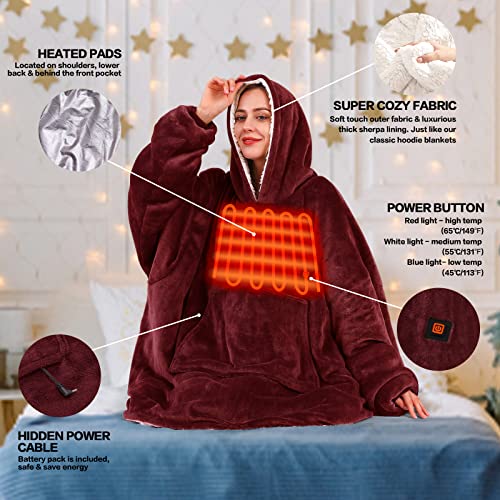 OCTROT Heated Wearable Blanket Hoodie for Adult with Battery Pack 7.4V 10000mah, Oversized Blanket Hoodie Sherpa Hooded Blanket Sweatshirt for Women Men, Cozy Warm Soft Washable Blanket, Wine Red