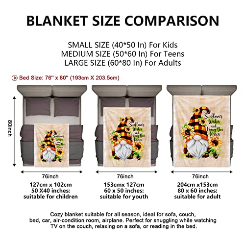 tiosggd Gnomes Blanket Gnome Gifts for Women Kids, Sunflower Wishes Positive Words Blanket Bedding Quilt Flannel Plush Super Soft Bed Throw All Season Blanket for Couch Sofa 60''x50''