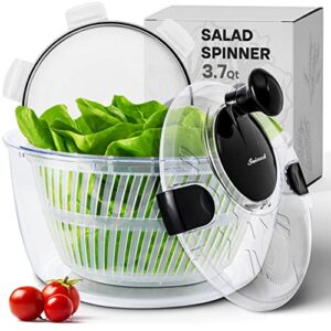 joined salad spinner with storage lid, drain, bowl, and colander - quick and easy multi-use lettuce spinner, vegetable dryer, fruit washer, pasta and fries spinner - 3.7 qt