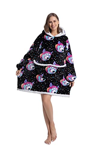 Lqmcoze Blanket Hoodie Wearable Oversized Hooded Sweatshirt for Adult Women Comfortable Warm Sherpa Blanket,One Size Fits All (Colorful Husky)