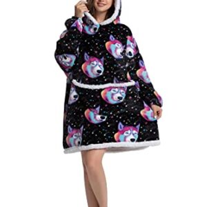 Lqmcoze Blanket Hoodie Wearable Oversized Hooded Sweatshirt for Adult Women Comfortable Warm Sherpa Blanket,One Size Fits All (Colorful Husky)