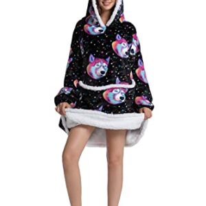 Lqmcoze Blanket Hoodie Wearable Oversized Hooded Sweatshirt for Adult Women Comfortable Warm Sherpa Blanket,One Size Fits All (Colorful Husky)