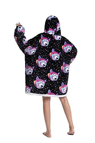 Lqmcoze Blanket Hoodie Wearable Oversized Hooded Sweatshirt for Adult Women Comfortable Warm Sherpa Blanket,One Size Fits All (Colorful Husky)