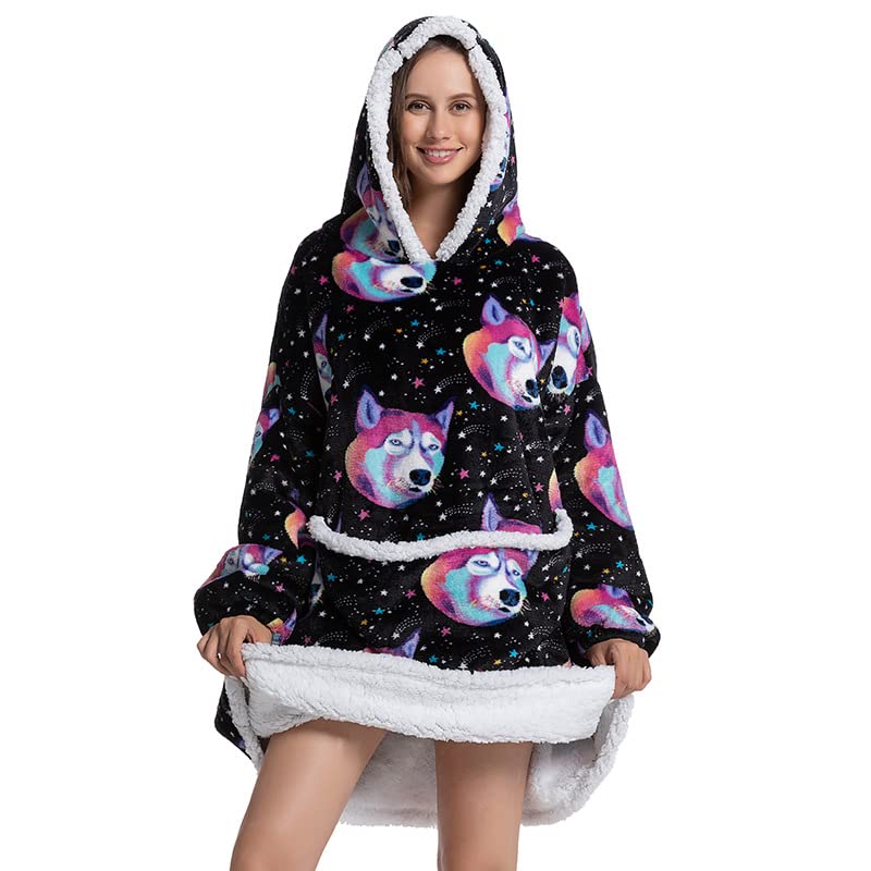 Lqmcoze Blanket Hoodie Wearable Oversized Hooded Sweatshirt for Adult Women Comfortable Warm Sherpa Blanket,One Size Fits All (Colorful Husky)