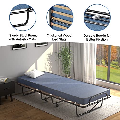 Giantex Folding Bed with Mattress for Adults, Rollaway Guest Beds w/Memory Foam Mattress & Metal Frame, Made in Italy, Cot Size Rollaway Bed, Portable Foldable Sleeper Bed for Home, 75" x 32" (Blue)