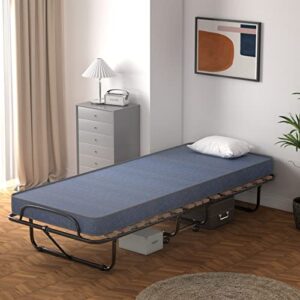 Giantex Folding Bed with Mattress for Adults, Rollaway Guest Beds w/Memory Foam Mattress & Metal Frame, Made in Italy, Cot Size Rollaway Bed, Portable Foldable Sleeper Bed for Home, 75" x 32" (Blue)