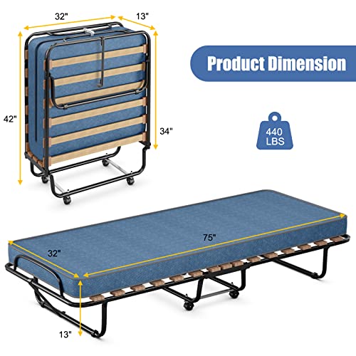 Giantex Folding Bed with Mattress for Adults, Rollaway Guest Beds w/Memory Foam Mattress & Metal Frame, Made in Italy, Cot Size Rollaway Bed, Portable Foldable Sleeper Bed for Home, 75" x 32" (Blue)