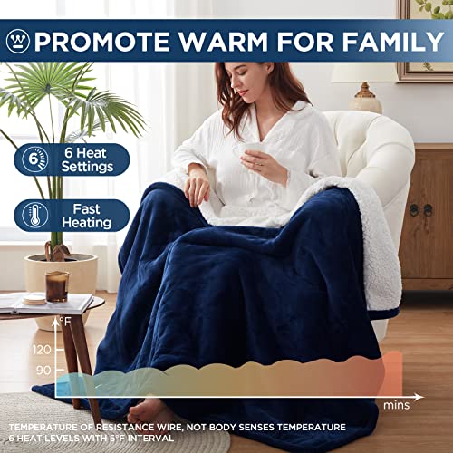 Westinghouse Electric Blanket Throw Heated Blanket with 6 Heating Levels and 2-10 Hours Time Settings, Flannel to Sherpa Super Cozy Heated Blanket Machine Washable, 50x60 inch, Navy