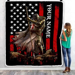 TeesNow Personalized Knight Templar Blanket Custom Name Crusader Warrior American Flag for Men Husband Dad Son Birthday Christmas Customized Bed Fleece Throw (30 x 40 Inches - Baby Size) (1022)