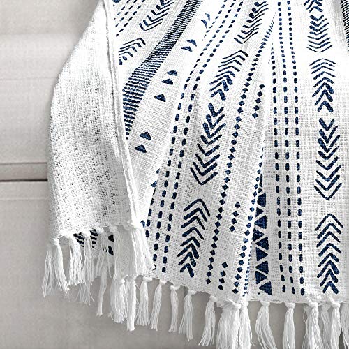 Lush Decor Hygge Stripe Cotton Slub Tassel Fringe Throw Blanet, 60" x 50", Navy & White