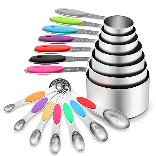 15 Pcs Stainless Steel Measuring Cups and Spoons Set, YIHONG Metal Measuring Cups and Spoons with Silicone Handle for Cooking & Baking, Includes 7 Cups, 7 Spoons and 1 Leveler