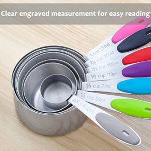 15 Pcs Stainless Steel Measuring Cups and Spoons Set, YIHONG Metal Measuring Cups and Spoons with Silicone Handle for Cooking & Baking, Includes 7 Cups, 7 Spoons and 1 Leveler