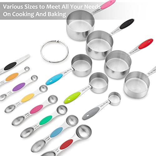 15 Pcs Stainless Steel Measuring Cups and Spoons Set, YIHONG Metal Measuring Cups and Spoons with Silicone Handle for Cooking & Baking, Includes 7 Cups, 7 Spoons and 1 Leveler