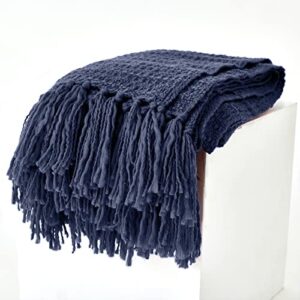 pandatex thick chunky navy blue knitted throw blanket for couch chair sofa bed, chic boho style textured basket weave pattern blanket with decorative fringe, 50"x60"