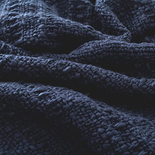 PANDATEX Thick Chunky Navy Blue Knitted Throw Blanket for Couch Chair Sofa Bed, Chic Boho Style Textured Basket Weave Pattern Blanket with Decorative Fringe, 50"x60"