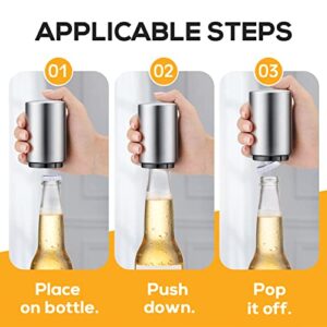 Premium Beer Bottle Opener (Silver), 1 PC Stainless Steel Automatic Push Down Bottle Openers, No Damage Quick to Open Bottle Cap, Small Portable Bottle Cap Openers for Home Bars Picnic Camping Hiking