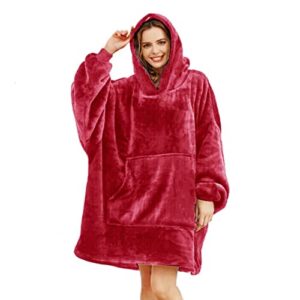 oversized sherpa blanket hoodie, yugvyob wearable blanket warm & fuzzy, sweatshirt with gaint pocket for men, women, teens, red