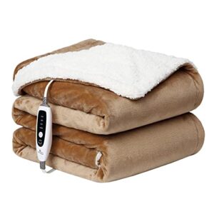 caromio electric heated blanket throw, 4 heating levels & 4 hours auto off, thick flannel & sherpa reversible electric blanket, fast heating blanket throw with overheating protection, brown 50" x 60"