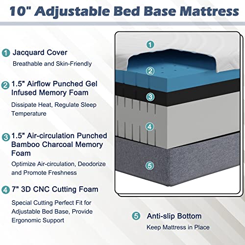 Giantex 10 Inch Twin XL Mattress, 3D CNC Cutting Foam Mattress for Adjustable Bed Base, Gel Infused & Bamboo Charcoal Memory Foam Mattress, CertiPUR-US Certified, Mattress in a Box, Medium