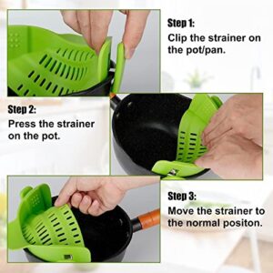 Snap n Strain Clip on Strainer - Silicone Pot and Pan Strainer, Clip on Colander, Pasta Strainer - Strainer for draining Vegetables, Fruits, Meat, Ground Beef - Heat Resistant, Easy to Use.