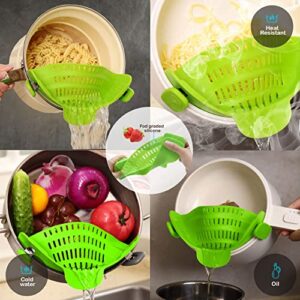 Snap n Strain Clip on Strainer - Silicone Pot and Pan Strainer, Clip on Colander, Pasta Strainer - Strainer for draining Vegetables, Fruits, Meat, Ground Beef - Heat Resistant, Easy to Use.