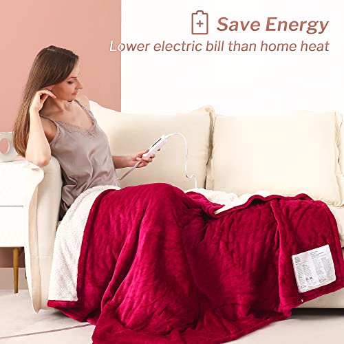 CORIWELL Heated Blanket Electric Throw - 50" x 60" Full Body Size Heating Blanket - 5 Heating Setting Soft Flannel Electric Blanket with 3 Hours Auto Shut Off, Machine Washable(Rose Red)