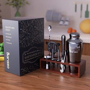 Baraiso Cocktail Shaker Set, Bartender Kit and Cocktail Shaker with Strainer, Bar Tool Kit Set and Mahogany Tool Sets with Mahogany Stand, Bar Accessories for The Home Bar Set - Black